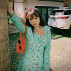 V-neck Long Sleeve Floral Print Midi A-line Dress