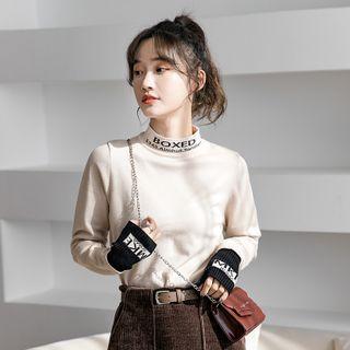 Mock Two-piece Mock-neck Lettering Knit Top