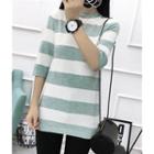Elbow-sleeve Striped Knit Top Green - One Size