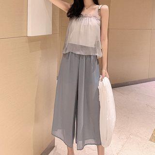 Set: Chiffon Camisole Top + Open Front Light Jacket + Cropped Wide-leg Pants Grayish Blue - One Size