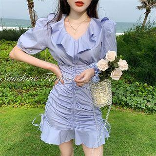 Short-sleeve Ruffle Trim Drawstring Mini Sheath Dress