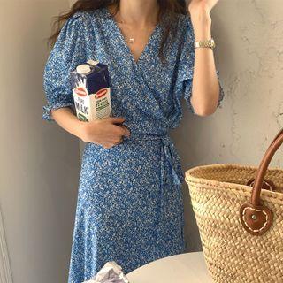 Short-sleeve Floral Print Tie-waist Midi A-line Dress Blue - One Size