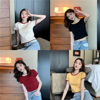Color Panel Knit Short-sleeve Top