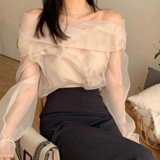 Bell-sleeve Off-shoulder Mesh Top Almond - One Size