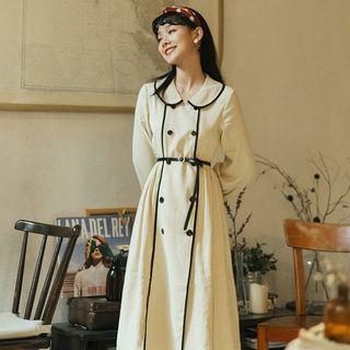 Contrast Trim Long-sleeve Midi Collared Dress