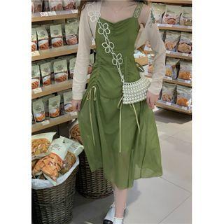 Spaghetti Strap Drawstring Midi A-line Dress / Crop Cardigan