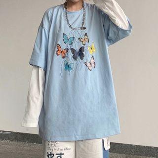 Mock Two-piece Long-sleeve Butterfly Print T-shirt Light Blue & White - One Size