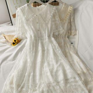 Lace-trim Embroidered Mesh Midi Dress