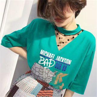 Set: Mesh Panel Print Short-sleeve T-shirt + Tiered Pleated Skirt