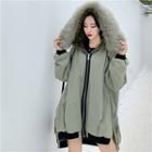 Furry Trim Fleece-lined Hooded Zip Coat