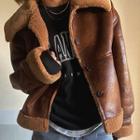 Fleece-lined Faux Leather Button Jacket Brown - One Size