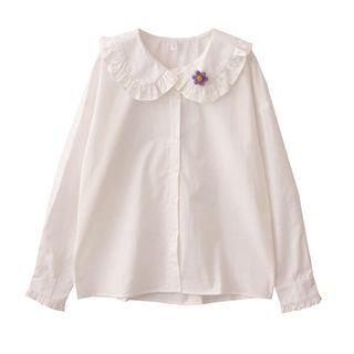 Long-sleeve Ruffle Trim Collar Blouse White - One Size