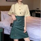 Set: Short-sleeve Shirt + Double-breasted A-line Skirt