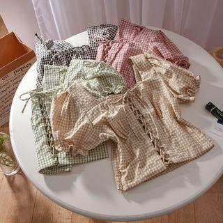 Short-sleeve Gingham Lace Up Blouse