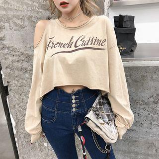 Off Shoulder Elbow-sleeve Lettering T-shirt