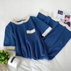 Contrast Trim Short-sleeve Knit Dress Blue - One Size