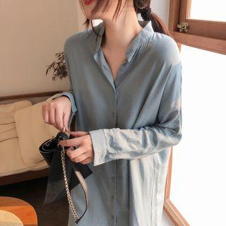 Long-sleeve Shirt Dress Grayish Blue - One Size