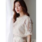Contrast-neck Lace Blouse With Ribbon Brooch Light Beige - One Size