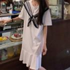 Elbow-sleeve Ruffled Hem Dress White - One Size
