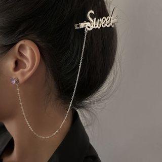 2 In 1 Lettering Chained Alloy Hair Clip Earring 1 Pc - Silver - One Size