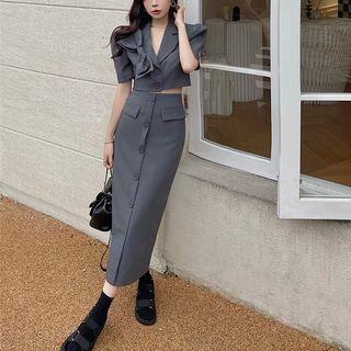 Ribbon-accent Puff-sleeve Crop Blazer / High-waist Midi Skirt