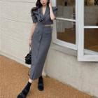 Ribbon-accent Puff-sleeve Crop Blazer / High-waist Midi Skirt