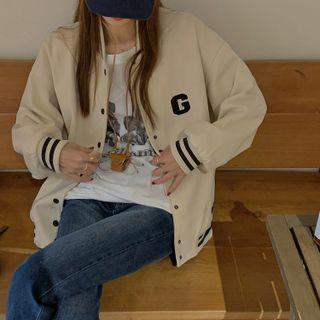 Long-sleeve Stand-collar Lettering Embroidered Color-block Ribbed Baseball Jacket