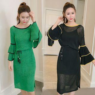 Long-sleeve Contrast-trim Drop-waist Sheer Dress