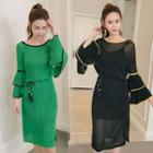 Long-sleeve Contrast-trim Drop-waist Sheer Dress