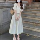Bow Ruffle Blouse / High-waist Plain A-line Skirt
