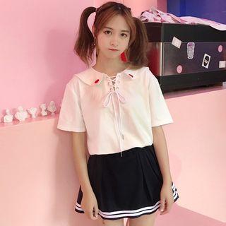 Set: Heart Embroidered Collar Lace-up Short-sleeve T-shirt + Striped A-line Skirt
