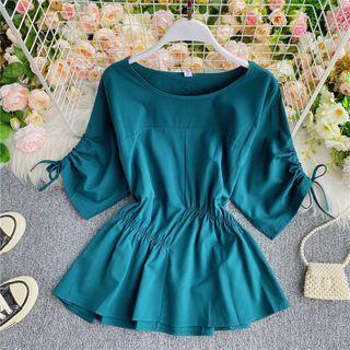 Drawstring-sleeve Round-neck Blouse