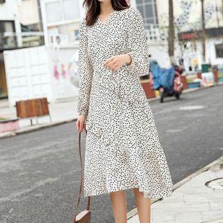 Printed Ruffle Trim Long-sleeve A-line Dress