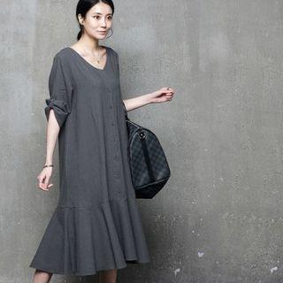 Tab-sleeve Button-up Ruffle Dress