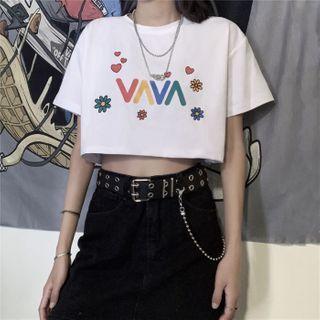 Flower-print Short-sleeve Cropped T-shirt