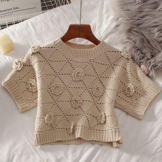 Short-sleeve Flower Applique Knit Top Khaki - One Size
