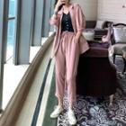 Single-button Puff-sleeve Blazer / Drawstring Cropped Straight-fit Pants
