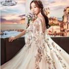 3/4 Sleeve Flower Embroidered Wedding Gown