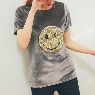 Sequined Smiley Face Short Sleeve Velvet T-shirt
