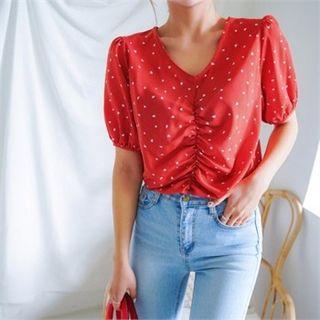 V-neck Shirred Heart Print Top Red - One Size