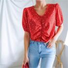 V-neck Shirred Heart Print Top Red - One Size