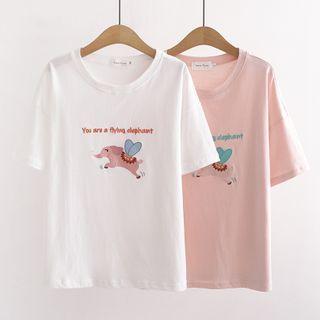 Short-sleeve Elephant Embroidered T-shirt