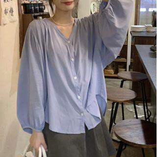 Puff-sleeve V-neck Button-up Plain Blouse