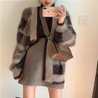 Plaid Cardigan / Turtleneck Long-sleeve Top / Mini A-line Skirt