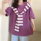 Mock Two-piece Striped Panel Tie-front Short-sleeve T-shirt