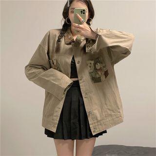 Long-sleeve Bear Print Button-up Denim Shirt