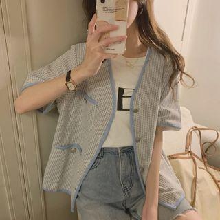 Elbow-sleeve Tweed Jacket Gray & Blue - One Size