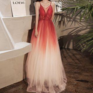 Spaghetti-strap Sequined Gradient Mesh A-line Evening Gown