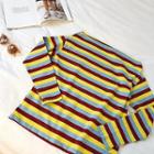 Color-block Striped Off-shoulder Long-sleeve T-shirt Yellow - One Size