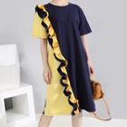 Short-sleeve Frill Trim Color Block A-line Midi Dress